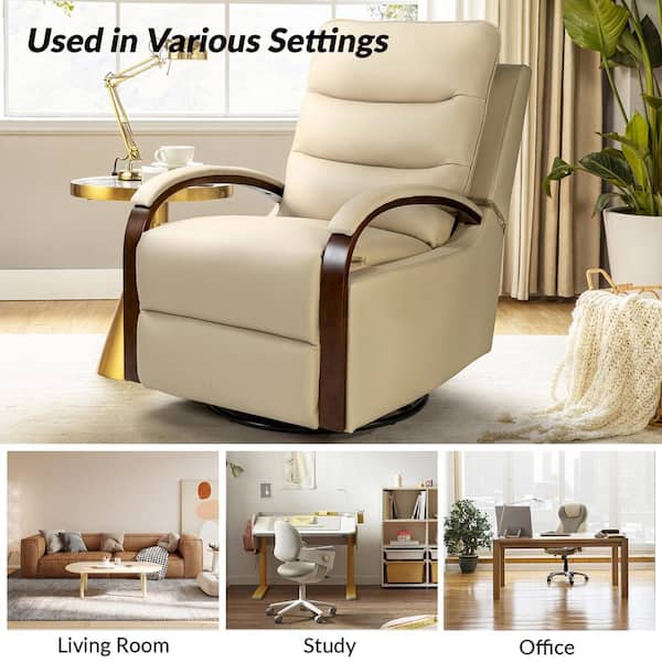Jayden Creation Joseph Beige Genuine Leather Swivel Rocking Manual Recliner with Straight Tufted Back Cushion and Curved Mood Arms