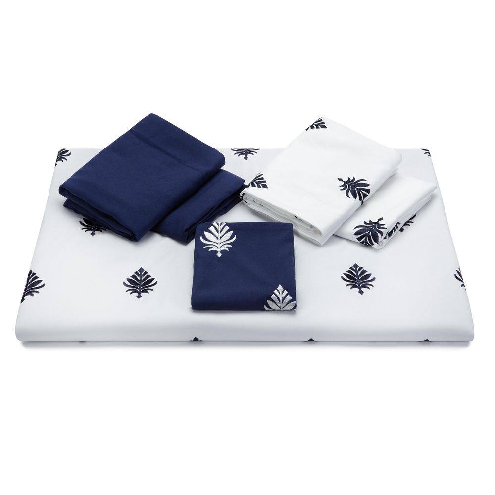 Navy and White Embroidered Microfiber Queen Duvet Cover Set