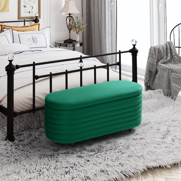 WESTINFURNITURE Farrah 42 in. Wide Oval Velvet Upholstered Entryway Flip Top Storage Bedroom Accent Bench in Green