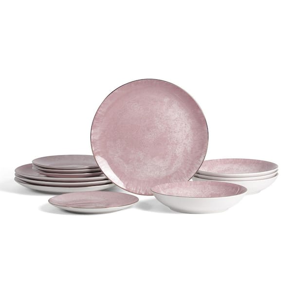 Onyx 12-Piece Pink and Gold Porcelain Full Set (Service for 4)