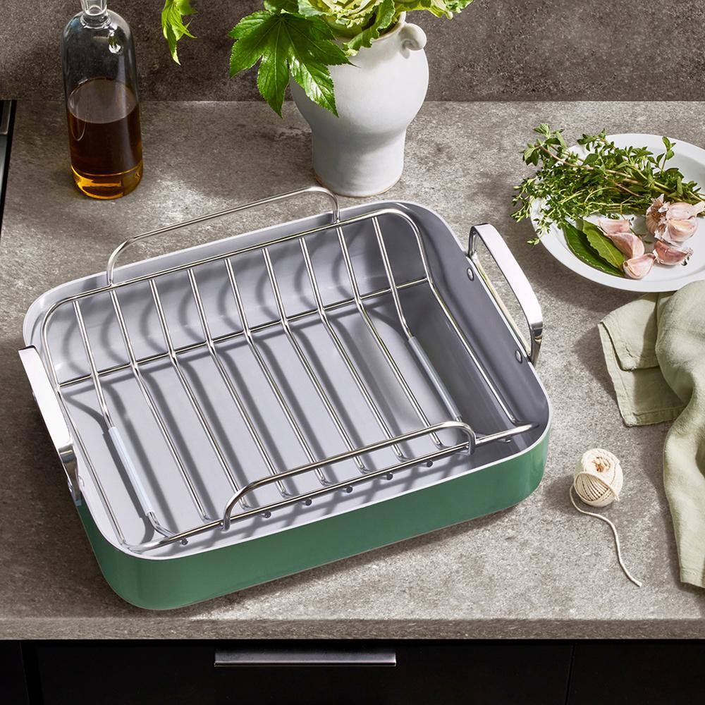 Sage Green Nonstick Square Roasting Pan with Rack and Handles