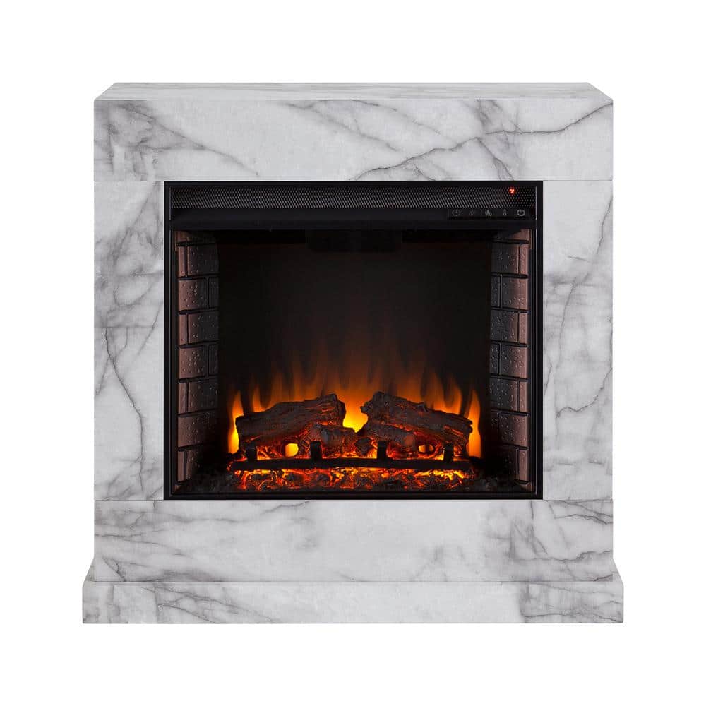 Southern Enterprises Barsdale Faux Marble 34 in. Electric Fireplace in White and Gray, White faux marble finish w/ gray veining -  HD013978
