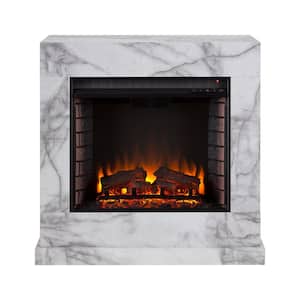 Barsdale Faux Marble 34 in. Electric Fireplace in White and Gray