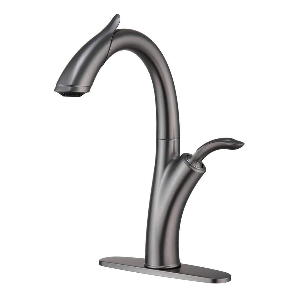 Mondawe In Swivel High Arc Deck Mount Single Handle Pull Down Sprayer Kitchen Faucet In