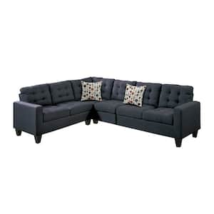 107 in. Bobkona Square Arm 4-Piece Linen-Like Fabric L-Shaped Modular Sectional Sofa with Wood Legs in Black