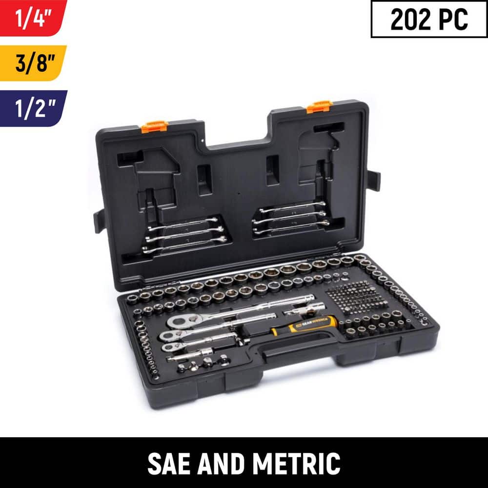 GEARWRENCH 1/4 in. 3/8 in., and 1/2 in. Drive 72-Tooth 6-Point SAE/MM Mechanics Tool Set (202-Piece) GW72MLCBMTS