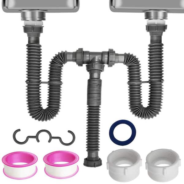 2-Pack Flexible Expandable Double P-Trap Kit for 1 1/2" or 1 1/4" Drain, Plumbing Accessories in Gray
