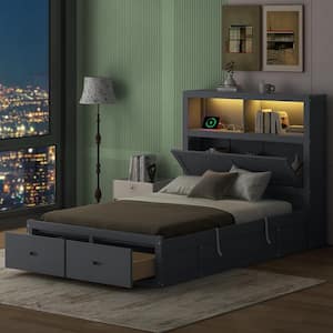 Gray Wood Frame Full Platform Bed with Side-Tilt Hydraulic Storage, Storage LED Headboard, USB Charging, 2-Drawers