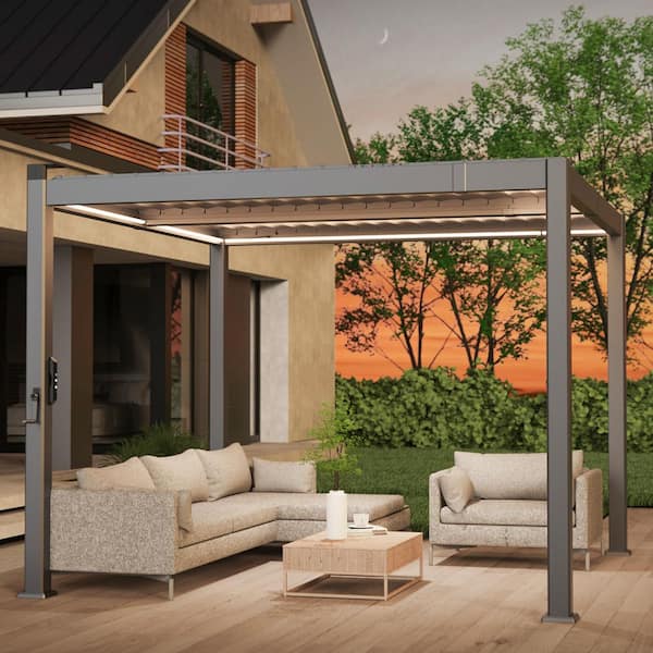 JOYESERY 10 ft. x 10 ft. Modern All-Aluminum Pergola with Detachable Control Panel LED and Hand Crank Louvers, Grey
