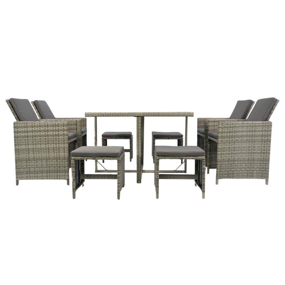 Gray 9-Piece Patio Wicker Outdoor Dining Set Dining Table with Glass Top, R