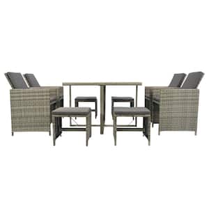 Gray 9-Piece Patio Wicker Outdoor Dining Set Dining Table with Glass Top, Rattan Chairs and Gray Cushions