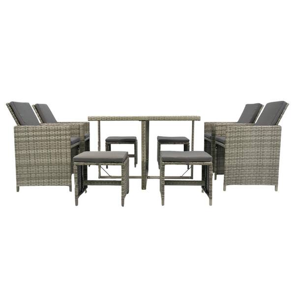 Unbranded Gray 9-Piece Patio Wicker Outdoor Dining Set Dining Table with Glass Top, Rattan Chairs and Gray Cushions