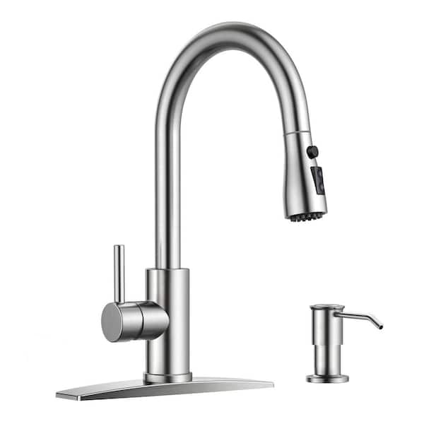 Forious pro Single-Handle Pull Down Sprayer Kitchen Faucet with High-Arc Kitchen Sink Faucet with Soap Dispenser in Stainless Steel