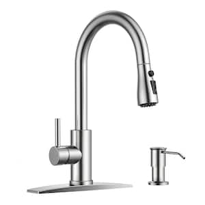 Single-Handle Pull Down Sprayer Kitchen Faucet with High-Arc Kitchen Sink Faucet with Soap Dispenser in Stainless Steel