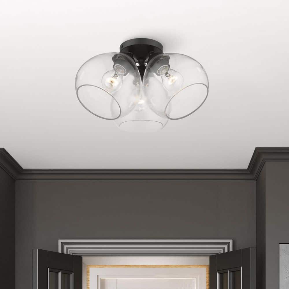 Catania Black and Clear Glass 3-Light Semi-Flush Mount