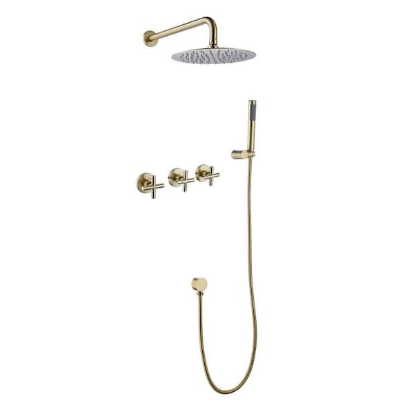 Maincraft 2.9 GPM 2-Spray Patterns 10 in. Wall Mount Dual Shower Heads with Handheld in Brushed Gold