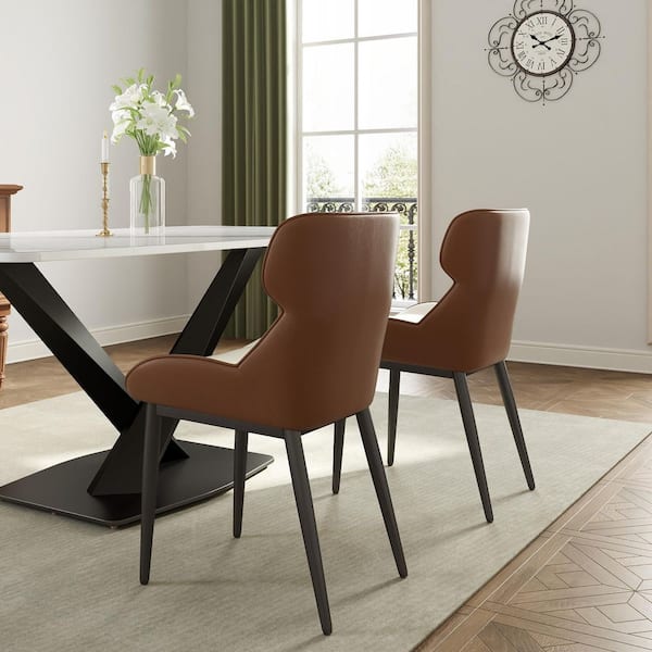 Set of 2 PU Leather Dining Chair Morden Desk Chair with Black Iron Legs in Brown