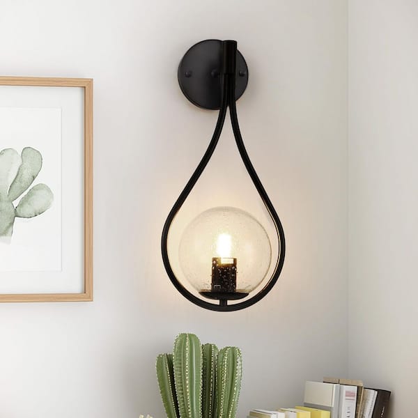 7.87 in. 1-Light Black Modern Globe Wall Sconce with Seeded Glass Shade for Dining Rooms, Kitchens, Bathrooms