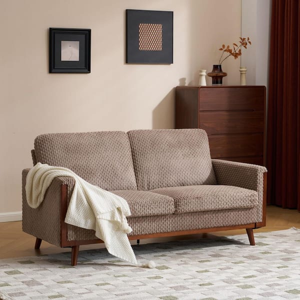 68.3 in. Velvet 2-Seater with Solid Wood Frame Loveseat in Brown