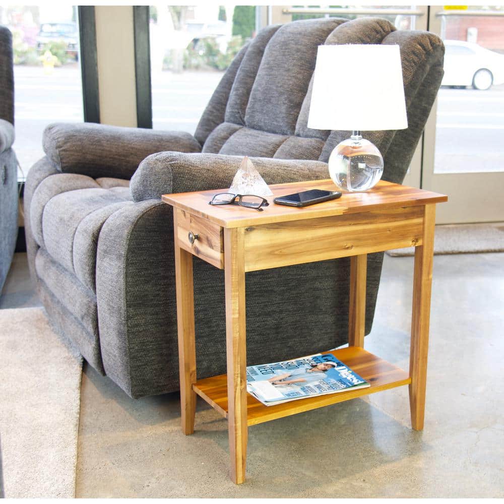 Natural Acacia Wood and Metal End Table with Storage