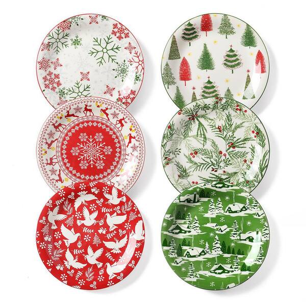 Christmas Dinnerware Set of 6 Ceramic Serving Plates, 10 in. Festive Holiday Dinner Plates for Pasta