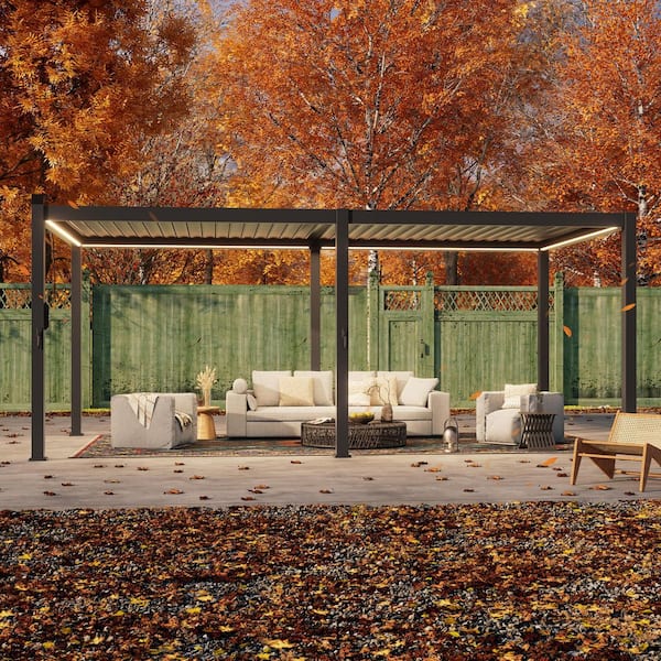 JOYESERY 12 ft. x 20 ft. Modern Aluminum Pergola with Adjustable Louvers, LED Lights, and Solar Charging, Charcoal Gray