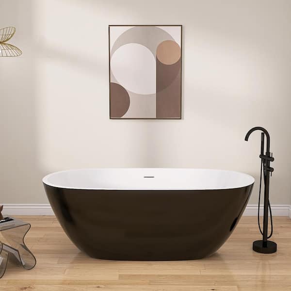 NTQ 55 in. x 29.5 in. Acrylic Free Standing Tub Flatbottom Freestanding Soaking Bathtub with Chrome Drain in Glossy Black