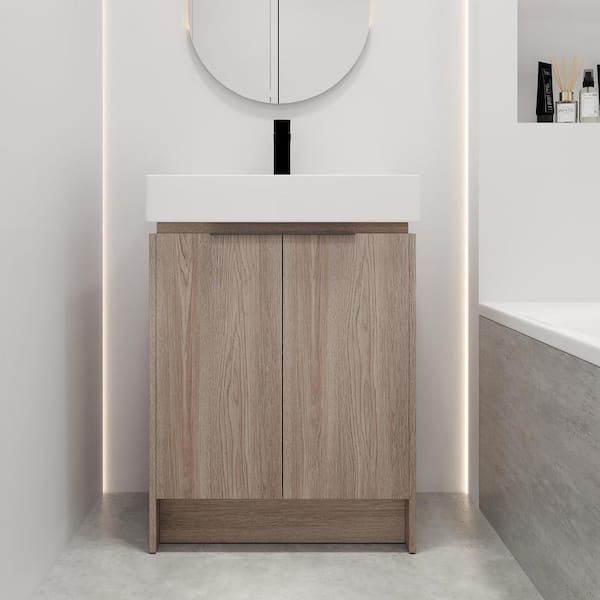 UPIKER 24.10 in. W x 18.50 in. D x 33.5 in. H Freestanding Bathroom Vanity in White Oak with White Ceramic Sink Top