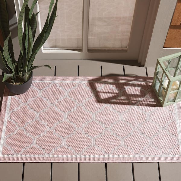 Courtyard Pink/Beige 2 ft. x 4 ft. Border Quatrefoil Indoor/Outdoor Area Rug