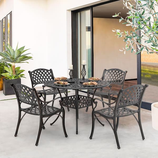 Black with Gold-Painted Edges 5-Piece Cast Aluminum Outdoor Dining Set, Round Dining Table with Umbrella Hole