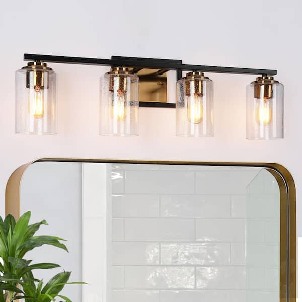 Zevni 28 in. 4-Light Modern Brass Bathroom Vanity Light, Seeded Glass Black Bath Lighting, Vintage Bath Bar Vanity Light
