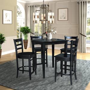 5 PC Set - Black Solid Wood 30 in. Square Table with 4 Side Stools