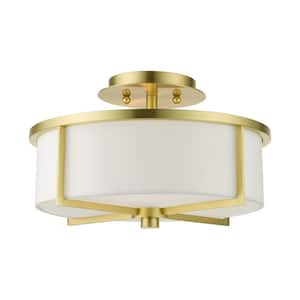 Wesley 2-Light Satin Brass Semi-Flush Mount with Off-White Shade
