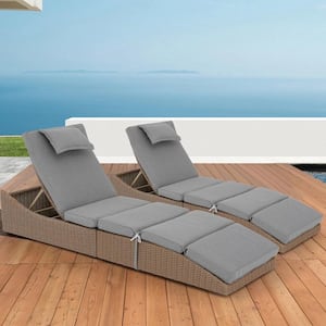 2-Piece Natural Wicker Outdoor Chaise Lounge Recliner Foldable with Gray Cushions and 5 Adjustable Angle