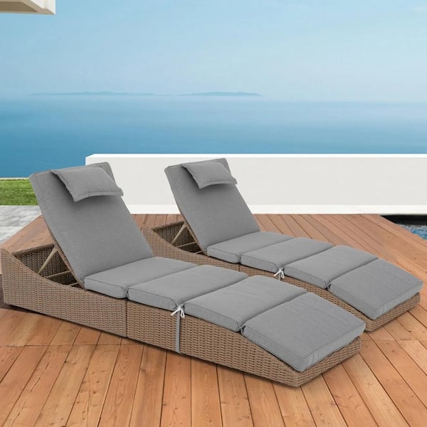 Yangming 2-Piece Natural Wicker Outdoor Chaise Lounge Recliner Foldable with Gray Cushions and 5 Adjustable Angle