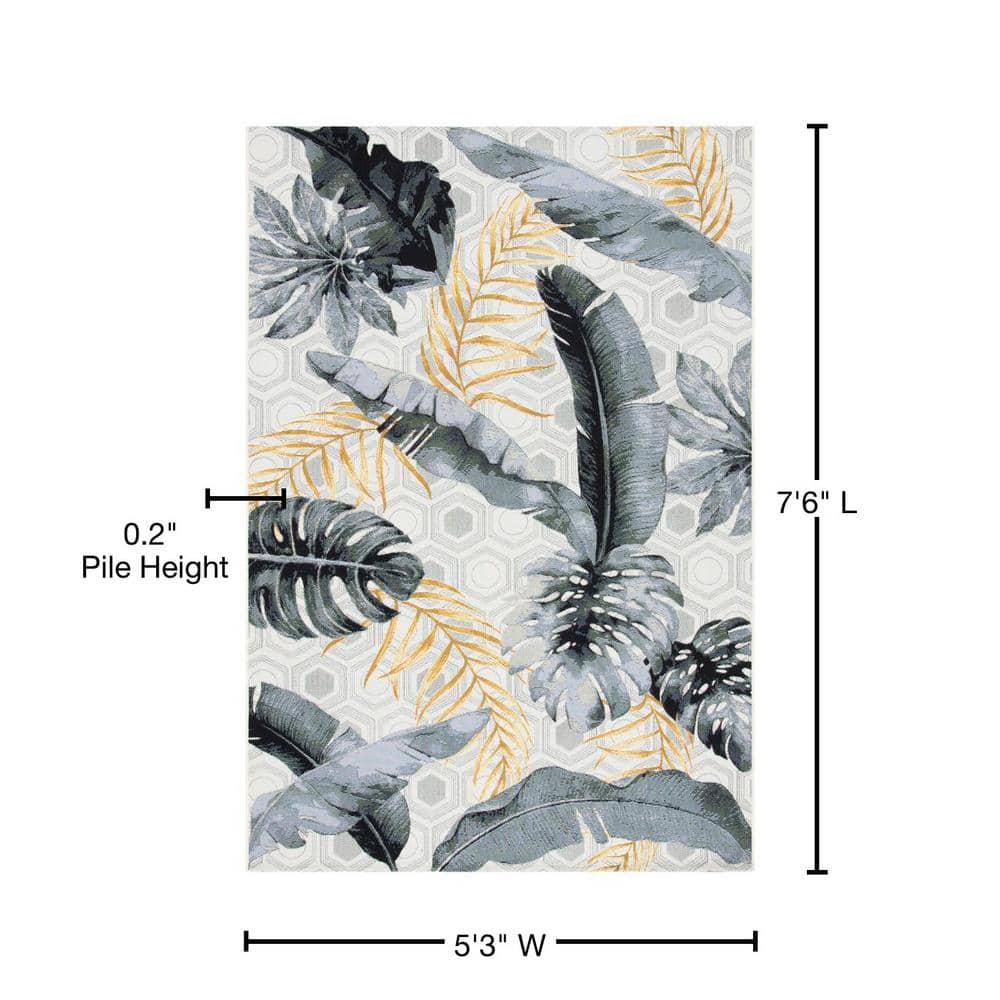Tropical Paradise Gray & Gold Synthetic Area Rug - 5'3" x 7'6"