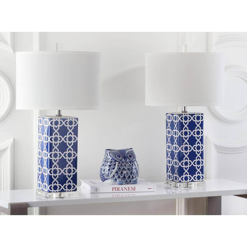 Navy and White Ceramic Table Lamp Set with Cotton Shade