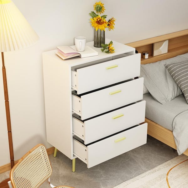 4-Drawers White Wood Chest of Drawer Accent Storage Cabinet Organizer with Metal Leg 37.5 in. Height