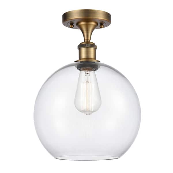 Athens 10 in. 1-Light Brushed Brass Industrial Semi-Flush Mount with Clear Glass Shade