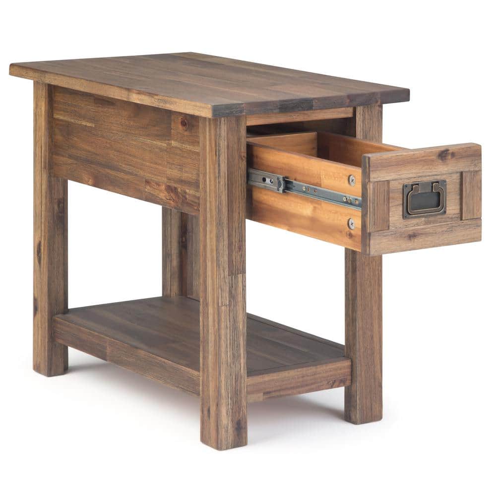 Rustic Natural Aged Brown Acacia Wood Narrow Side Table with Storage