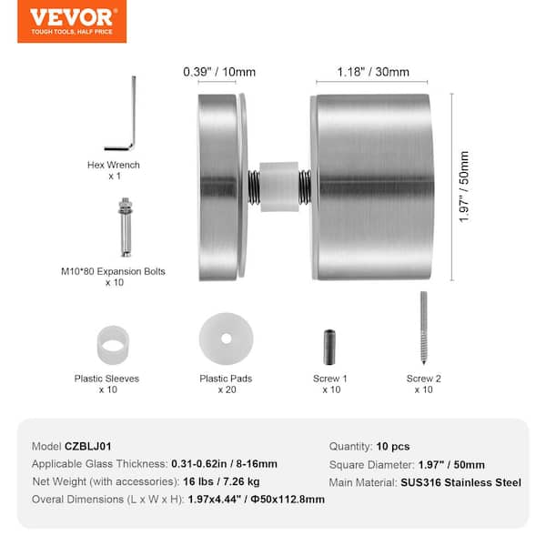 VEVOR Glass Clamp 10PCS Railing Bracket 5 in. H x 2 in. W Silver 316 Stainless Steel for 0.31 to 0.62 in. Stair Railing Kit