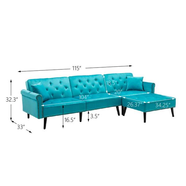 Boyel Living 115 In Light Blue Velvet 3 Seater Full Sleeper Sectional Sofa Bed With Tapered Legs Wf Hfsn 141lb The Home Depot Boyel Living 115 In Light Blue Velvet, Light Blue Velvet Sectional Sofa