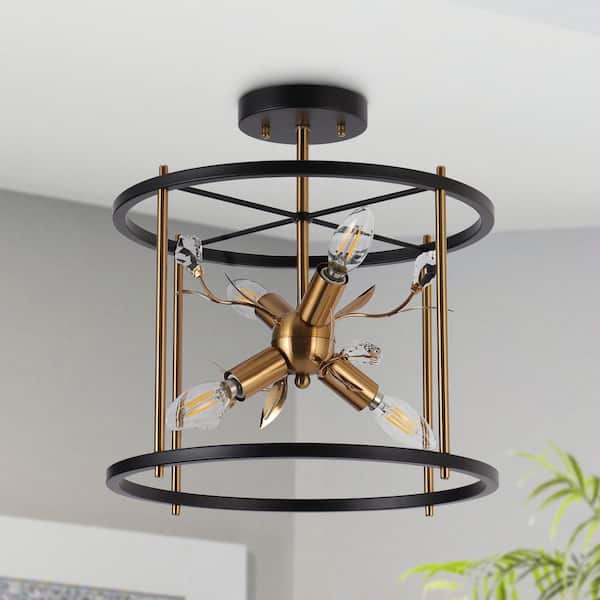 LNC Modern Matte Black and Plating Brass 4-Light Semi-Flush Mount Ceiling Light with Sputnik Design and Crystal Accent
