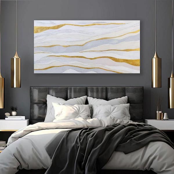 24金アート Abstract Wall Art White and Gold Wave Lines Canvas Print Artwork