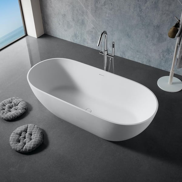69 in. x 30 in. Solid Surface Stone Resin Flatbottom Freestanding Double Slipper Soaking Bathtub in Matte White