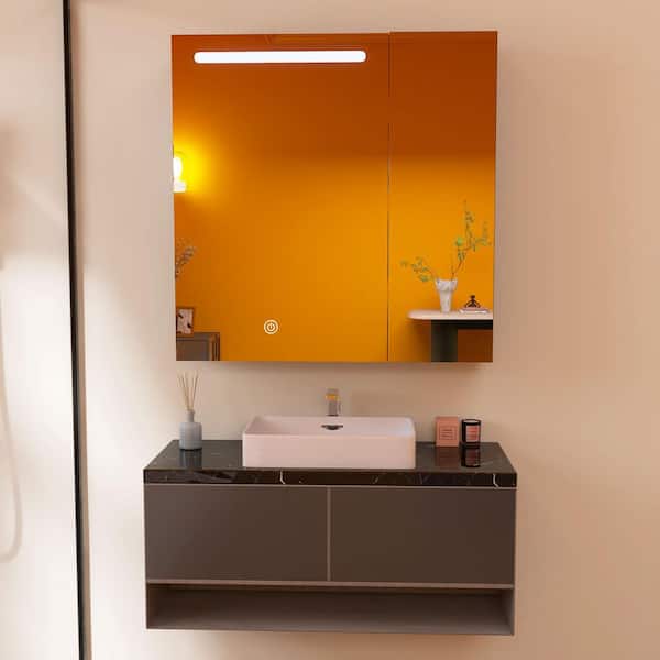 Modland Baily 29.5 in. W x 29.5 in. H Medium Rectangular Silver Aluminum Surface Mount Medicine Cabinet with Mirror
