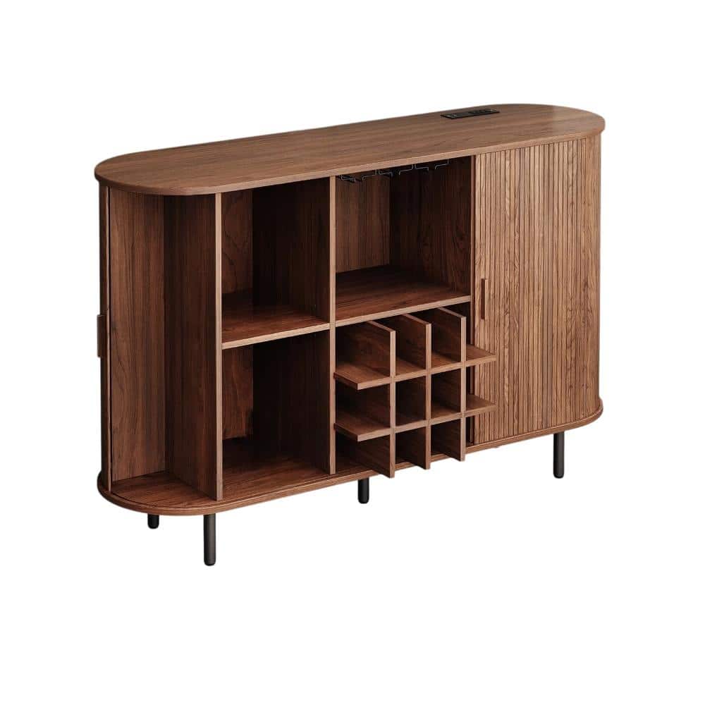 55 in. W Walnut Wine Bar Cabinet with LED Light, Modern Liquor Whiskey Coffee Station with Wine Rack and Glass Holder