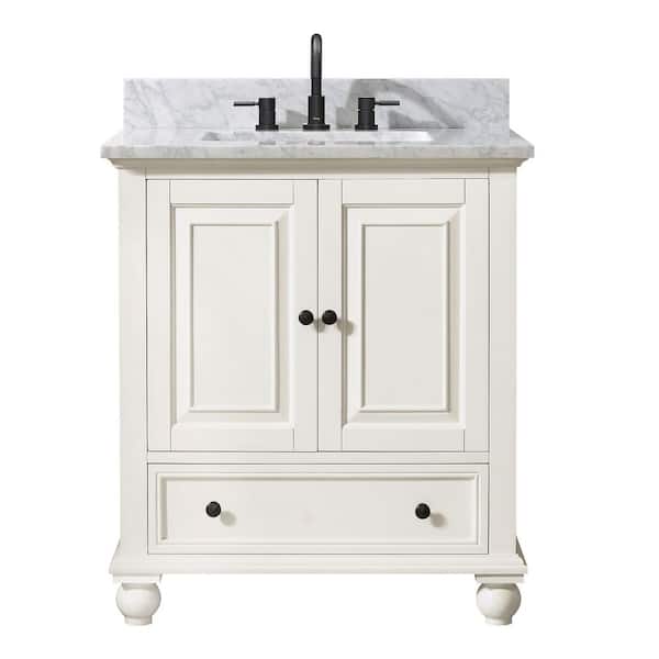 Thompson 31 in. Single Sink French White Bath Vanity with Carrara White Marble Top