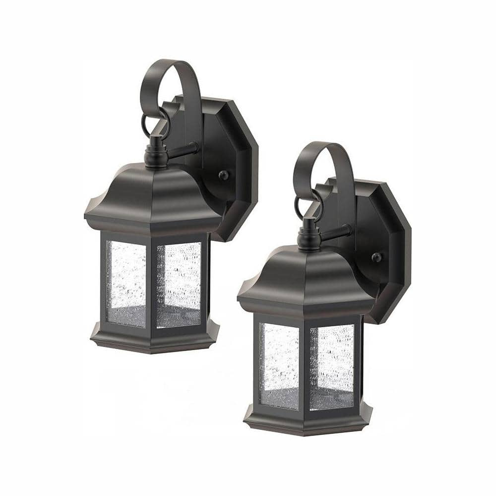 Hampton Bay 1-Light Black Outdoor Wall Lantern Sconce with Seeded Glass (2-Pack)