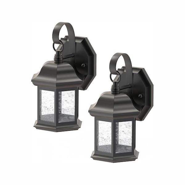 Photo 1 of 1-Light Black Outdoor Wall Lantern Sconce with Seeded Glass (2-Pack)